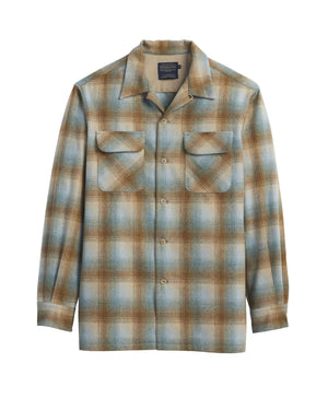 Pendleton Men's Board Shirt Camel Blue Ombre Plaid Wool USA