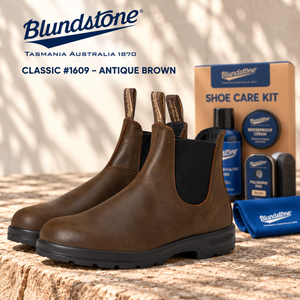 Blundstone Men's Classic #1609 Chelsea Boots Antique Brown + Brown Shoe Care Kit Bundle