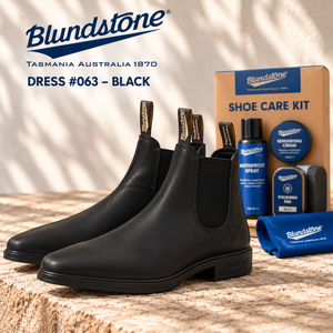 Blundstone Men's Dress #063 Chelsea Boots Black + Black Shoe Care Kit Bundle