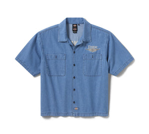 Dickies x Harley Davidson Chambray Work Shirt Men's Short Sleeve Button Up Blue Boxy Fit
